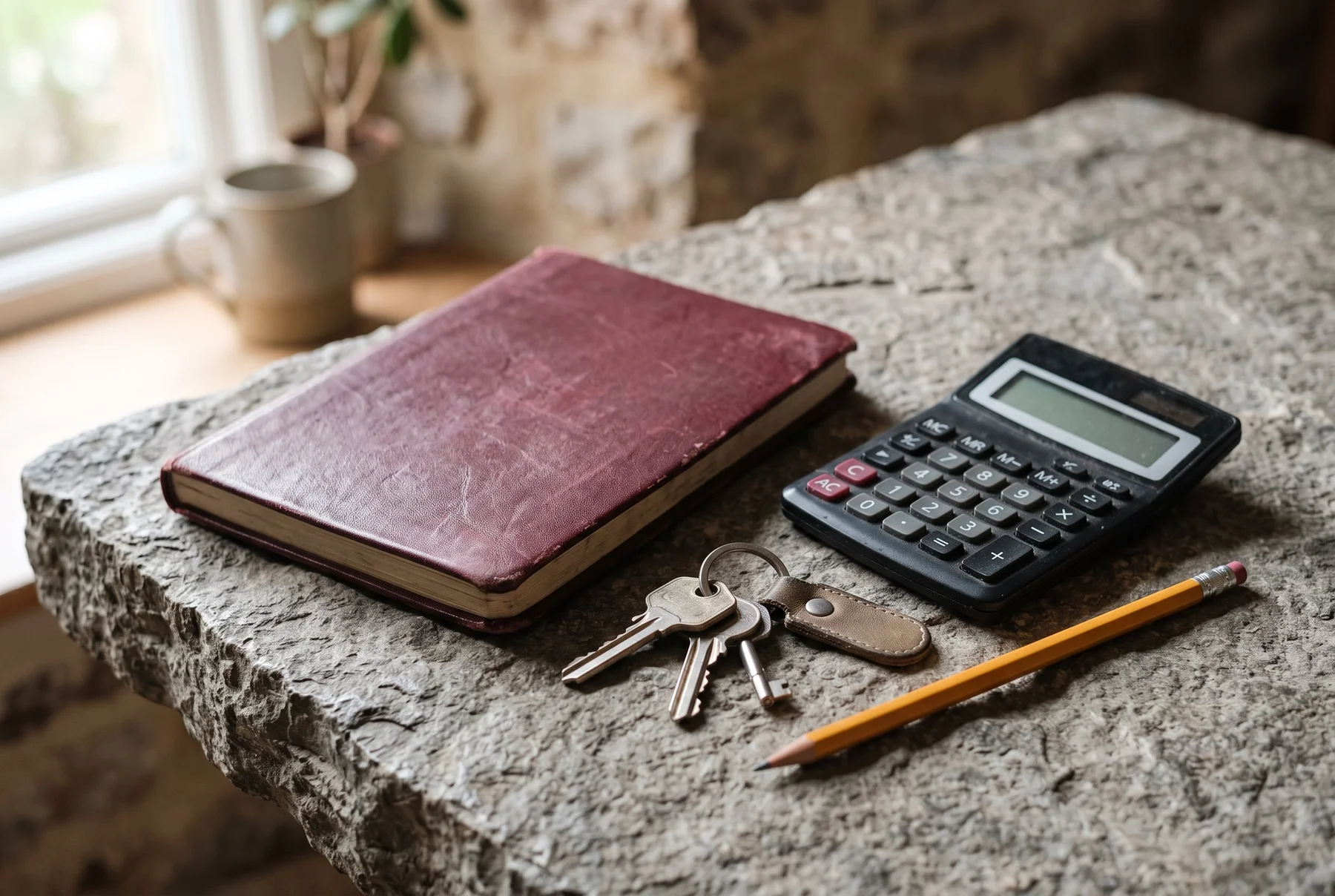 Notebook, household keys and calculator arranged for a budget review