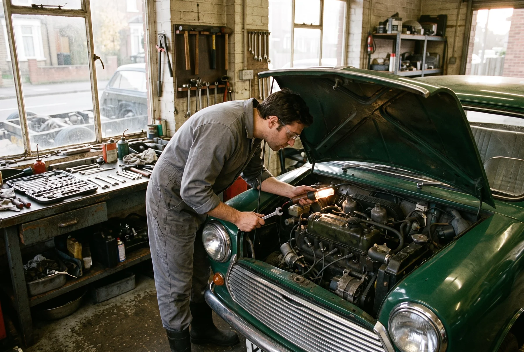 A technician examining the engine of a car in a specialist workshop