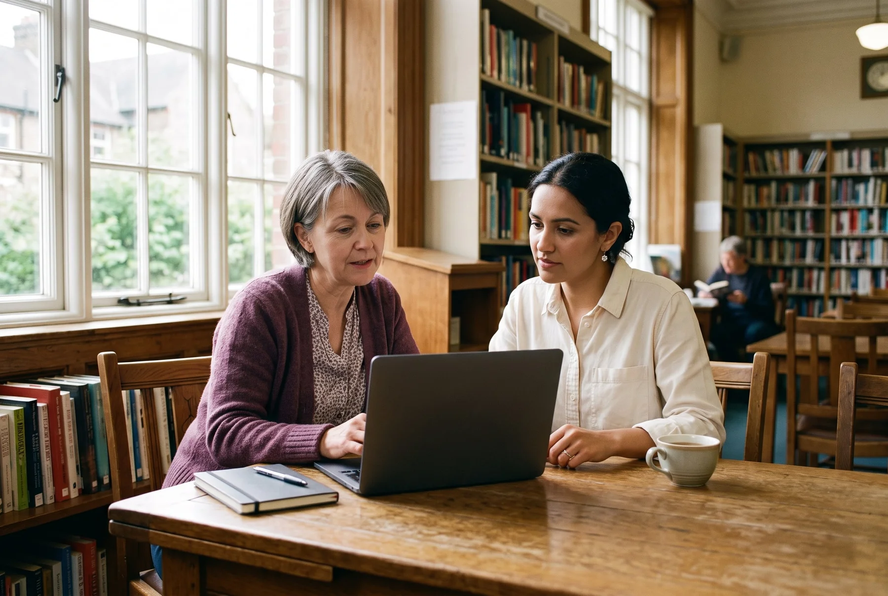 Two adults working together at a laptop in a library.